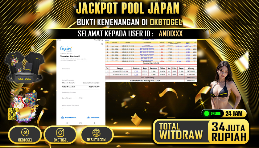 OKBTOGEL JACKPOT POOL JAPAN RP. 34.000.000,- LUNAS USER  ID ANDI***